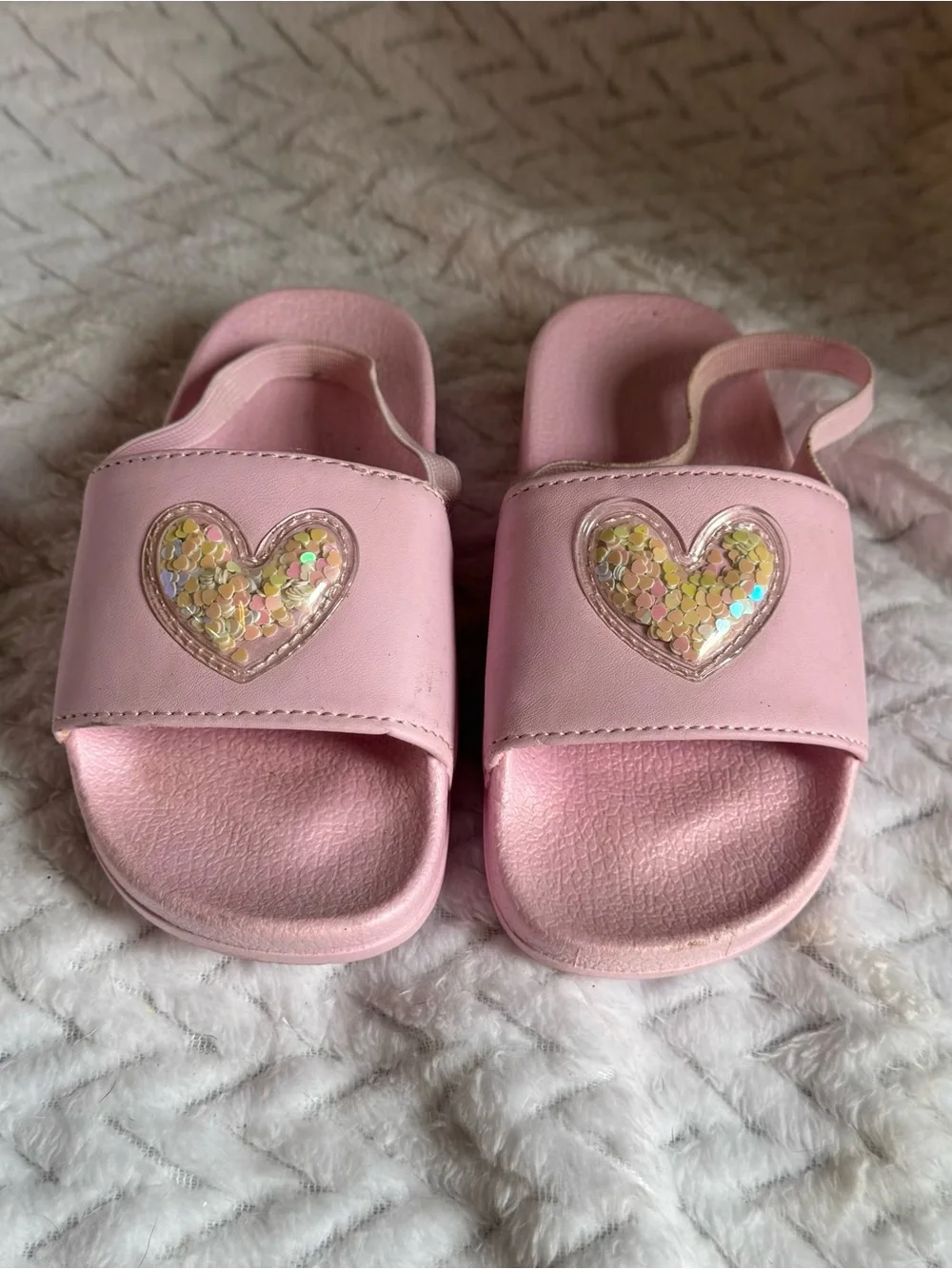Kids Pink Sequin Heart Slide Sandals